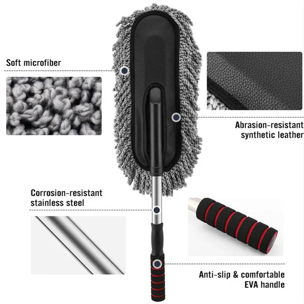 Car Duster – Retractable Handle Microfiber | Velvet Wheels | Scratch-Free Dry Dust Cleaner for Cars | Lint Free Reusable Exterior Cleaning Brush