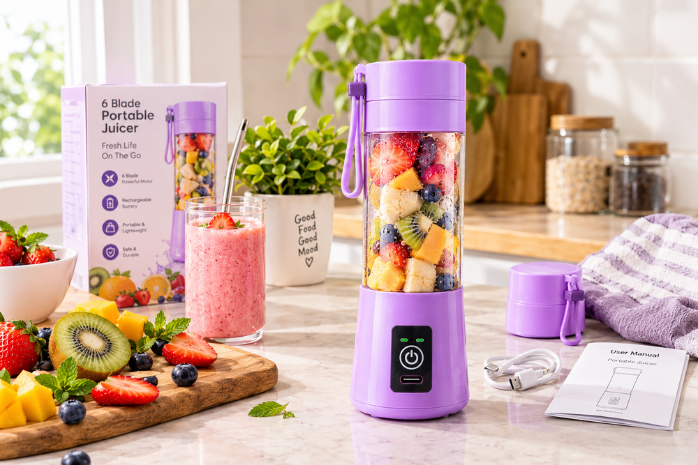 6-Blade Mini Portable Juicer Bottle – USB Rechargeable Personal Blender