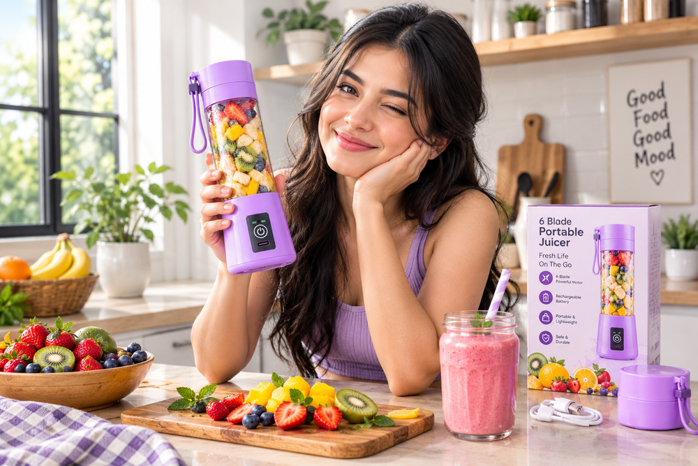 6-Blade Mini Portable Juicer Bottle – USB Rechargeable Personal Blender