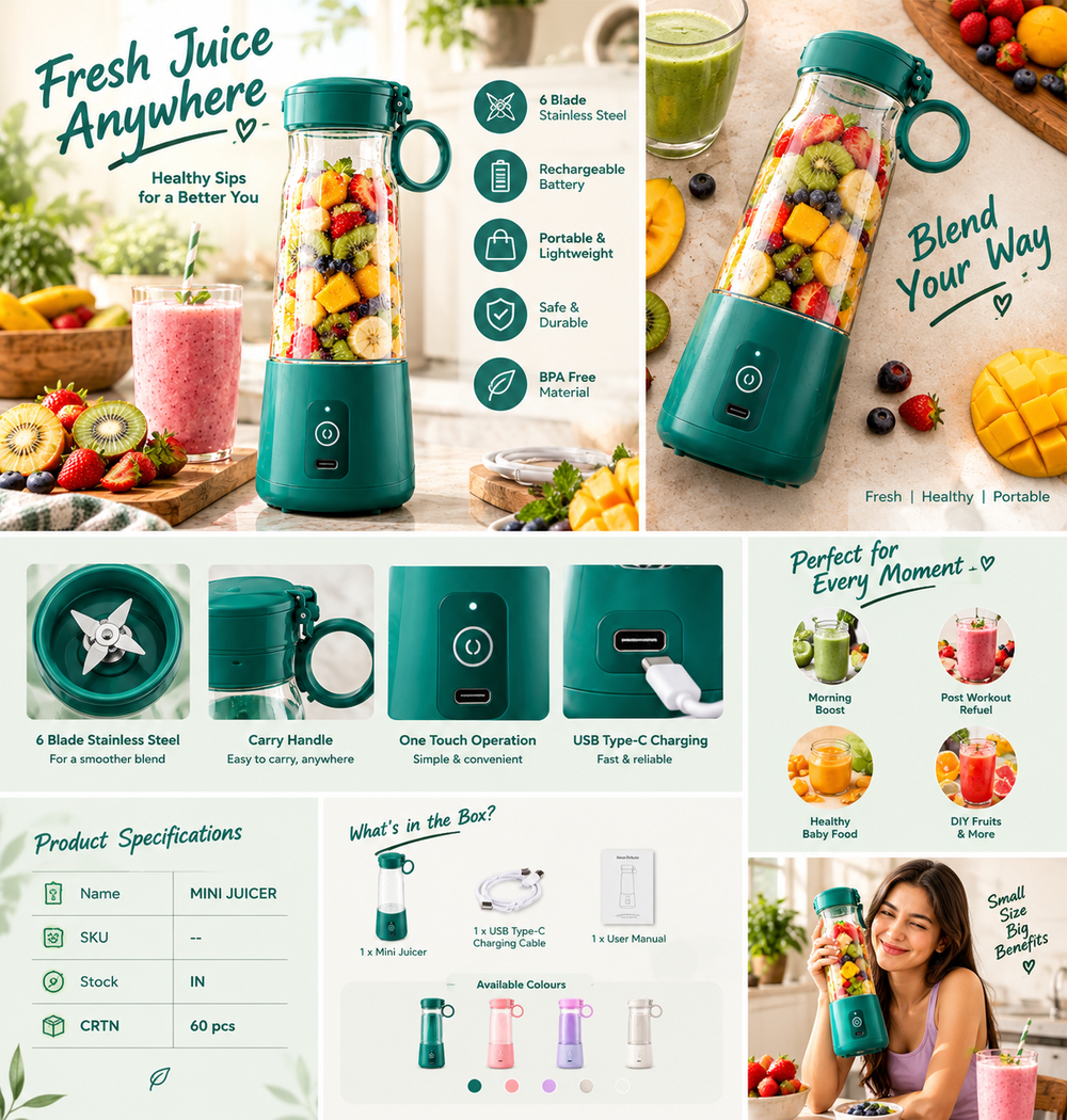 Mini Portable Juicer – Compact Personal Blender for Fresh Drinks