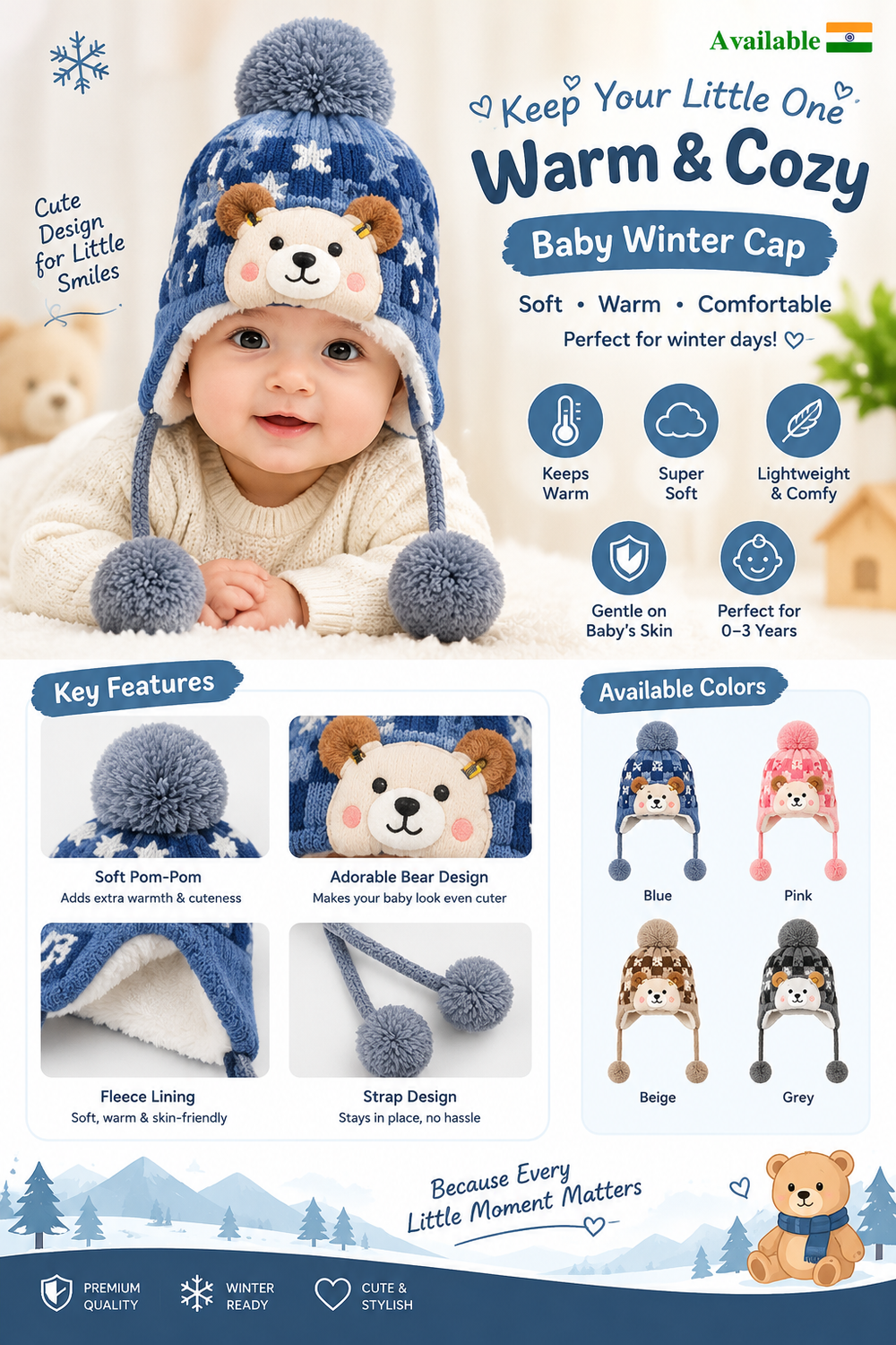 Baby Winter Cap – Soft Knitted Warm Hat with Cute Earflaps🧢