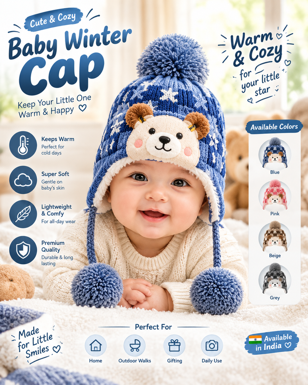 Baby Winter Cap – Soft Knitted Warm Hat with Cute Earflaps🧢