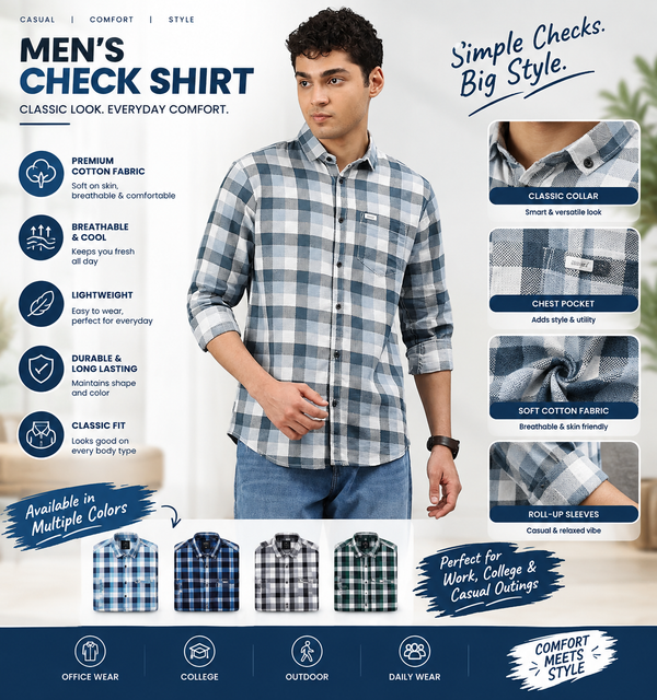 Mens Cotton Full Sleeves Check Shirts Pack of 1