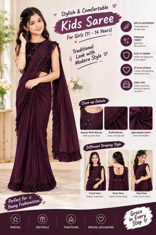 Lycra Solid Saree for Girls – Wine | 9–10 Years