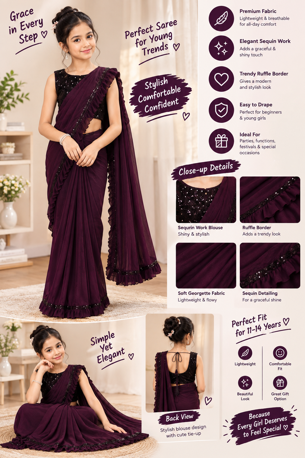 Lycra Solid Saree for Girls – Wine | 9–10 Years
