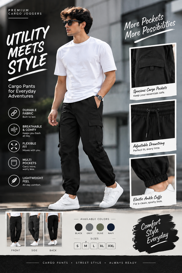 Men’s Premium Black Cargo Pants – Stylish, Comfortable & Everyday Ready | COD Available 😎