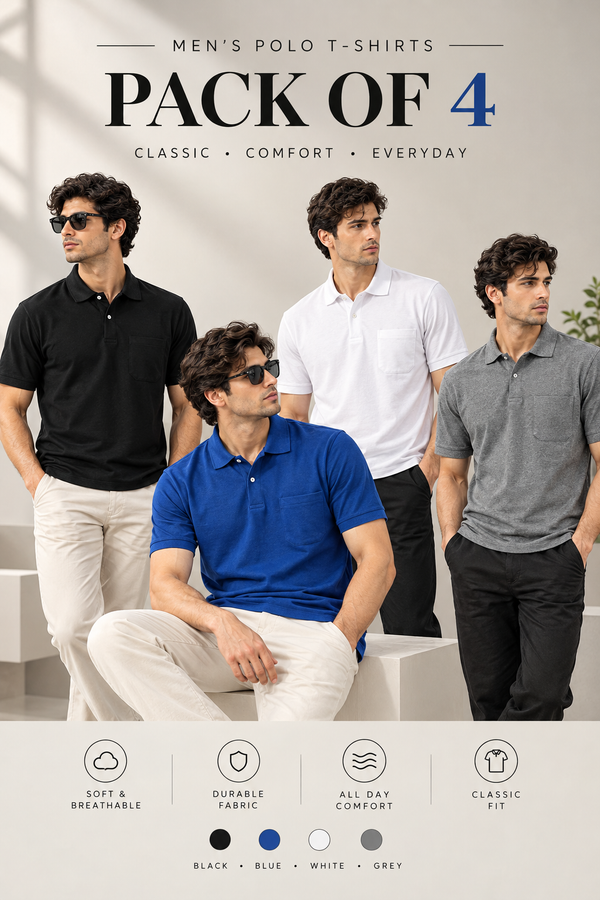 Men's T-shirt Solid Polo Neck Polly Cotton (Pack of 4)