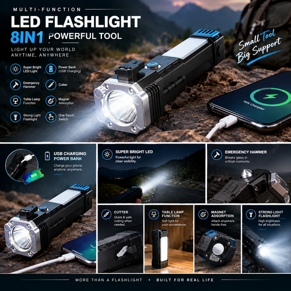 8-in-1 Portable Rechargeable LED Torch – Multi-Function Flashlight