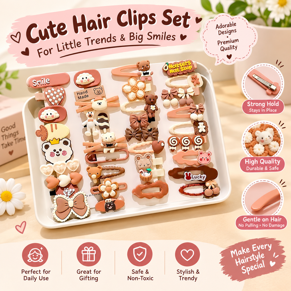Blubby 14 Pcs Cute Cartoon Hair Clips Set for Girls & Kids Hair Pin (Brown)