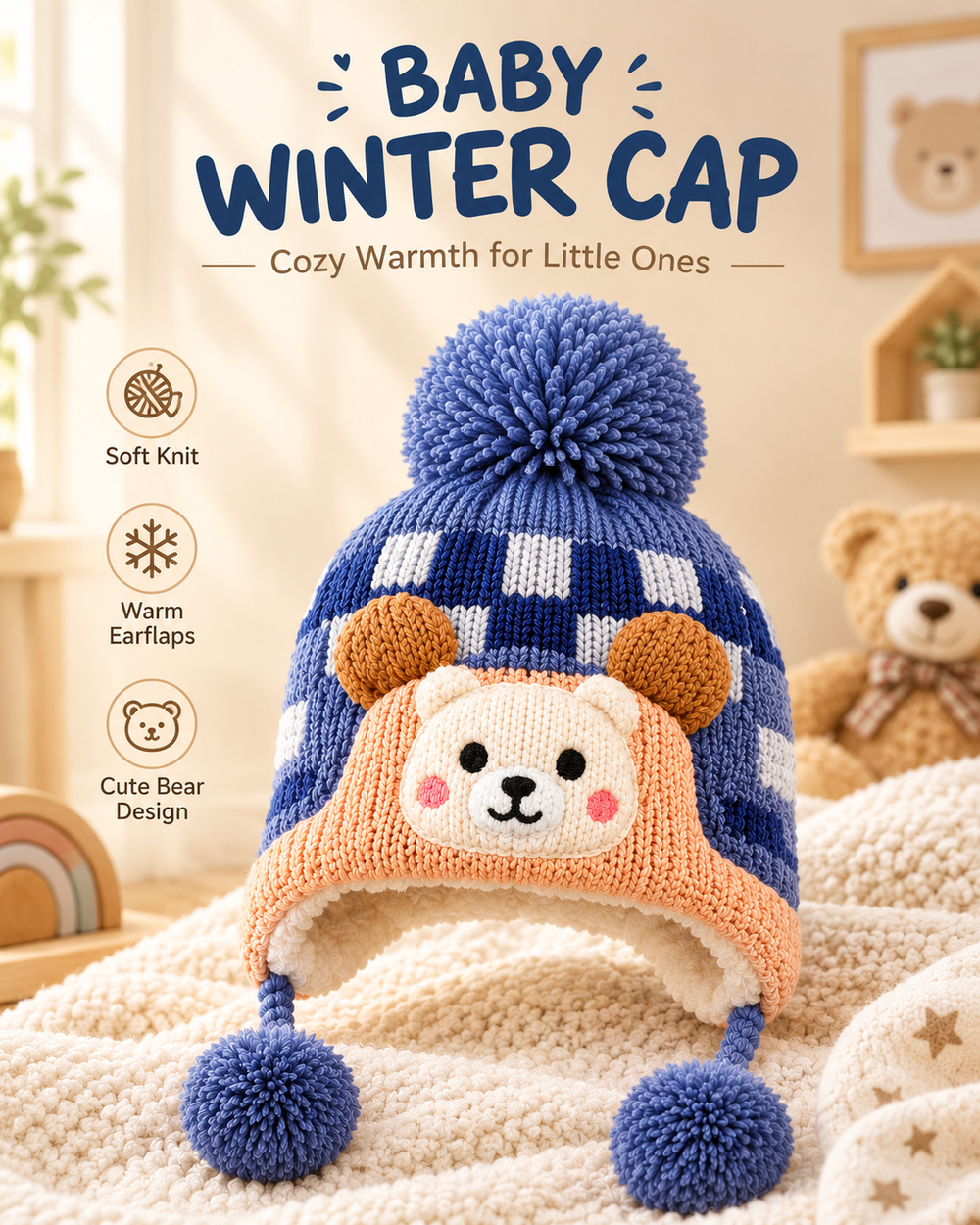 Baby Winter Cap – Soft Knitted Warm Hat with Cute Earflaps🧢
