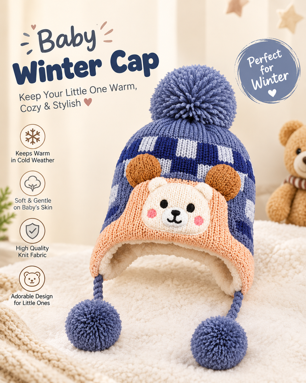 Baby Winter Cap – Soft Knitted Warm Hat with Cute Earflaps🧢