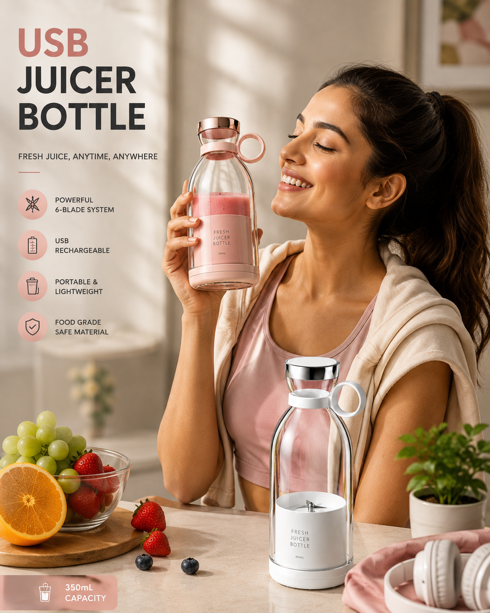 4-Blade Mini Portable Juicer Bottle – Compact Personal Blender