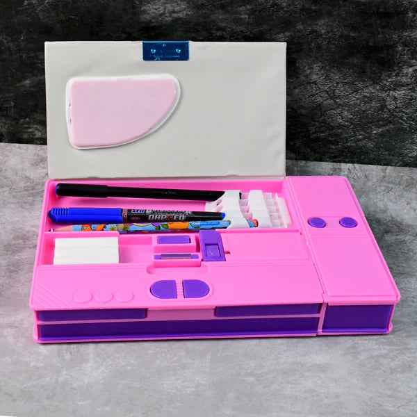 Space Theme Pencil Box with Built-in Calculator – Dual Compartment Organizer | Multiple Hidden compartments