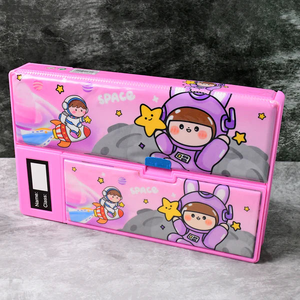 Space Theme Pencil Box with Built-in Calculator – Dual Compartment Organizer | Multiple Hidden compartments