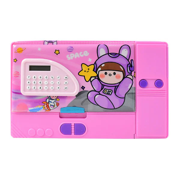 Space Theme Pencil Box with Built-in Calculator – Dual Compartment Organizer | Multiple Hidden compartments