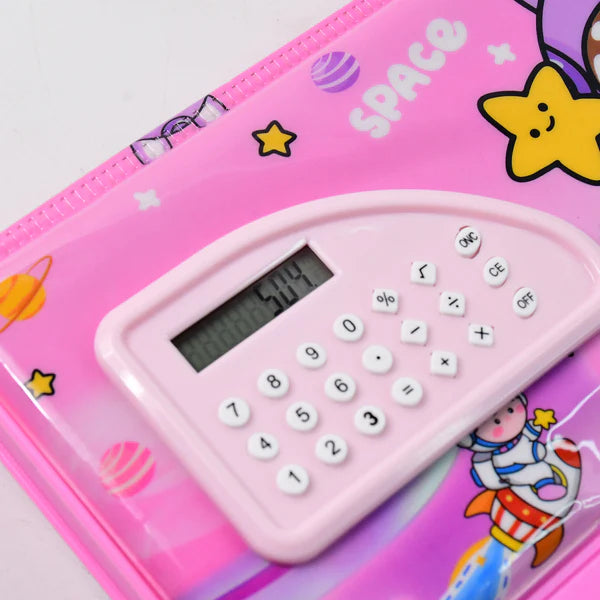 Space Theme Pencil Box with Built-in Calculator – Dual Compartment Organizer | Multiple Hidden compartments
