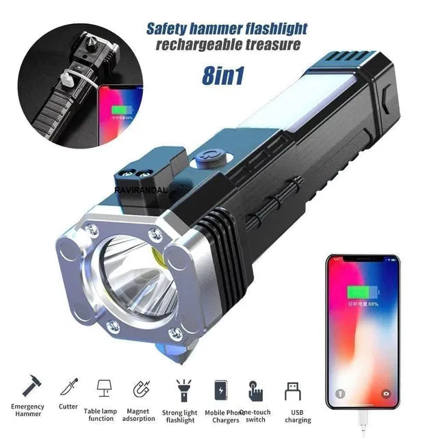 8-in-1 Portable Rechargeable LED Torch – Multi-Function Flashlight