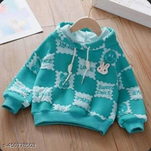 Woolen Printed Hoodie for Girls – Turquoise | 0–1 Years