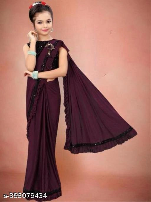 Lycra Solid Saree for Girls – Wine | 9–10 Years